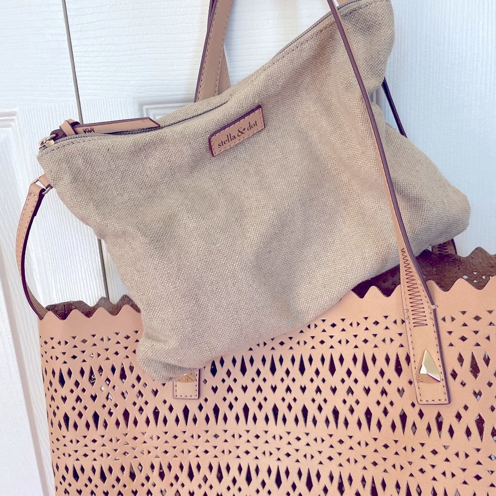 Stella & Dot leather tote with canvas pouch